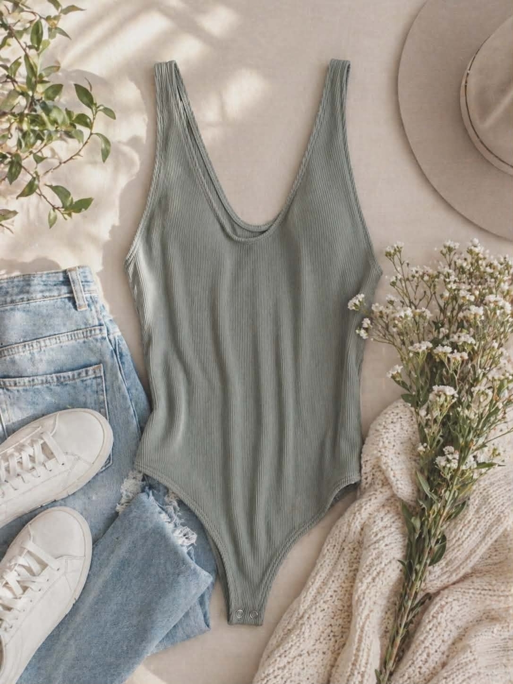 Abercrombie & Fitch Olive Green Ribbed Tank Bodysuit Size Large